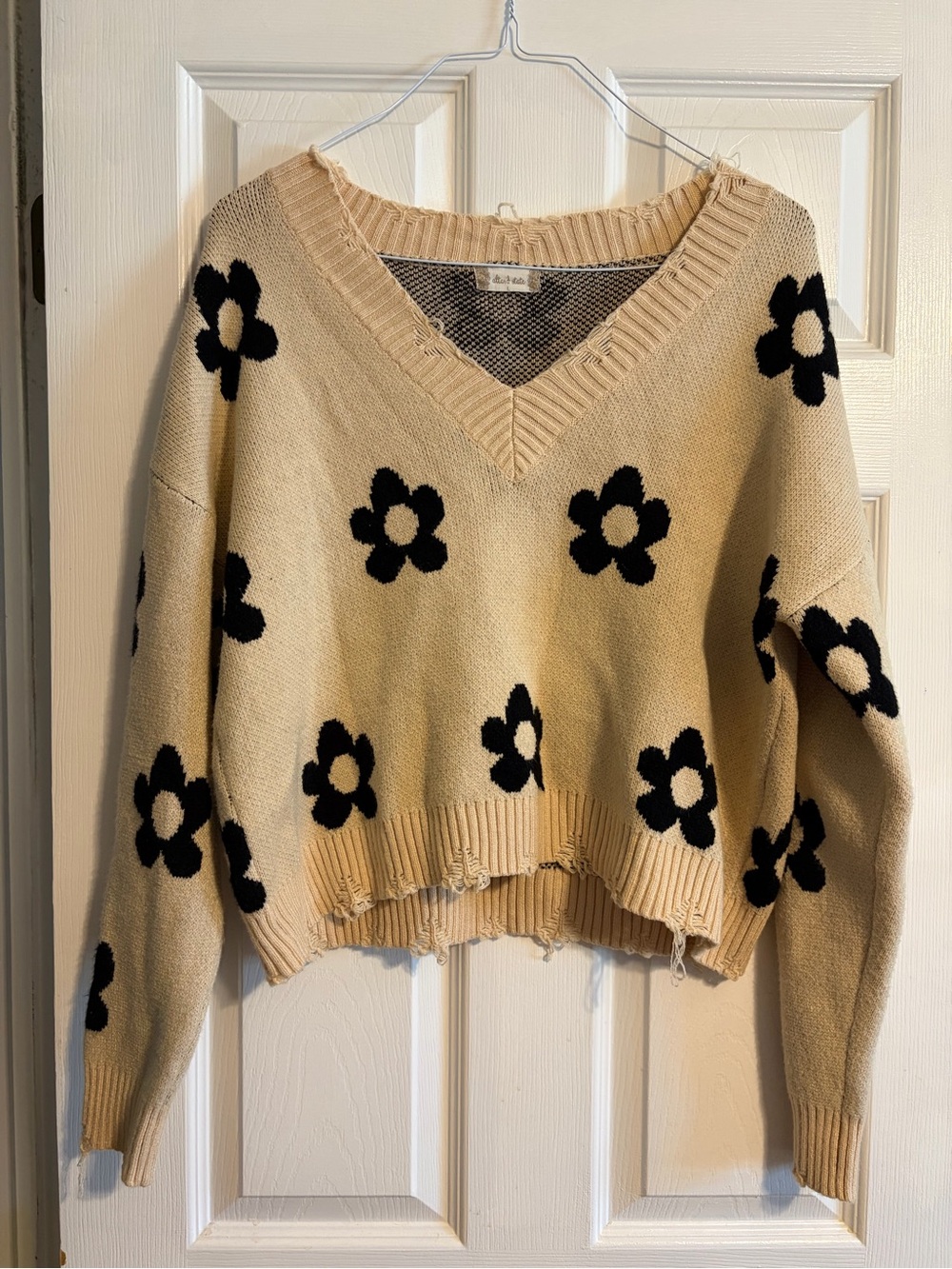 Alter’d State Daisy Floral Distressed Sweater Large Beige Black V Neck Cropped